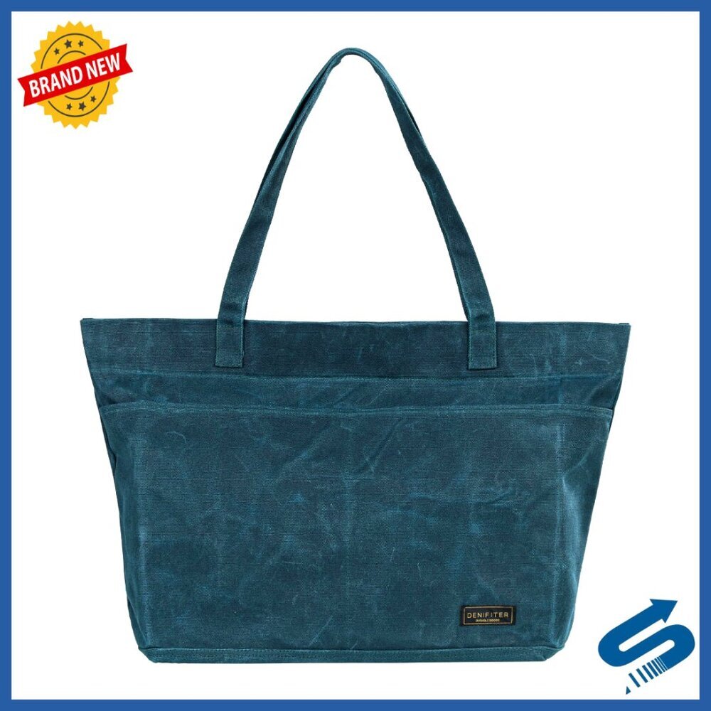 Heavy-Duty Waxed Canvas Tote Bag with Zipper Pockets for Tools Groceries Travel